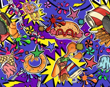 Parmak izleri, kartlar, tasarımlar ve boyama kitapları için kusursuz desenli komik karalama canavarları. Raster illüstrasyonu. Yüksek kaliteli illüstrasyon