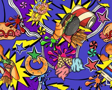 Sosisli sandviç, hamburger, patates kızartması ve koyu pembe arka planda kola. Minimum abur cubur düz bir fikirdi. Yüksek kaliteli illüstrasyon