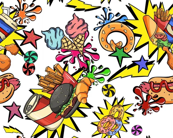 Fastfood Hand Drawn Doodles Seamless Pattern Fast Food Background Cartoon — Stock Photo, Image