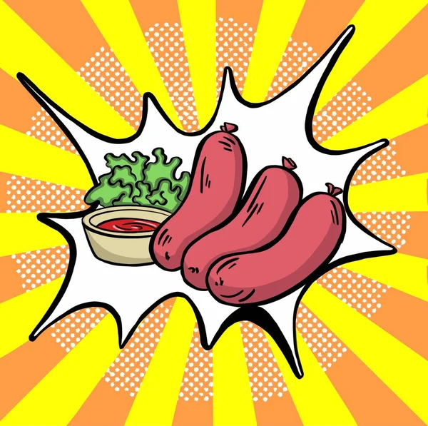 Hot Dog Fast Food Pop Art Stylu Retro Kiełbasa Bułce — Zdjęcie stockowe