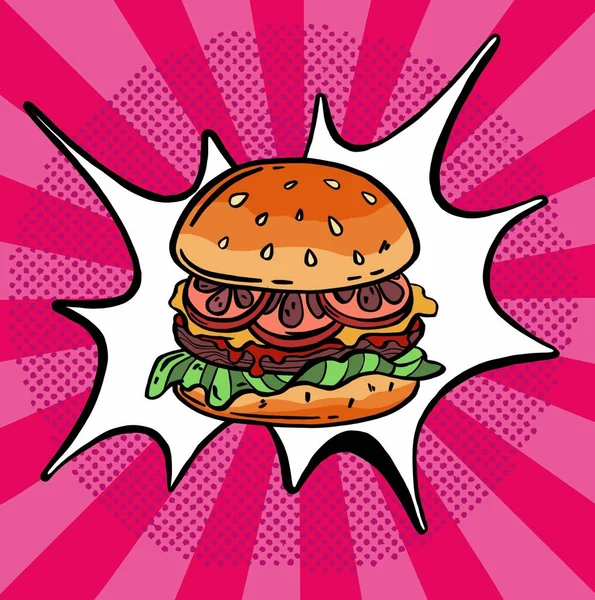 Kézzel Rajzolt Hamburger Gyorséttermi Jelenet Képregény Stílus Pop Art Retro — Stock Fotó