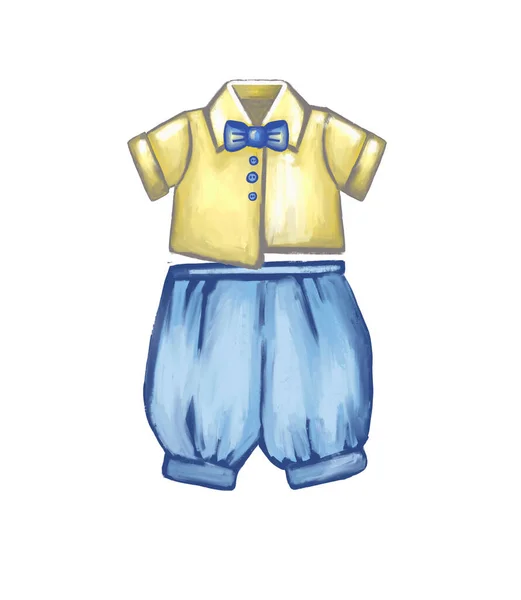 childs costume Shirt, trousers, bow tie. Fashionable clothes for babies, toddlers. Sticker, logo. Clothes dolls, toys.