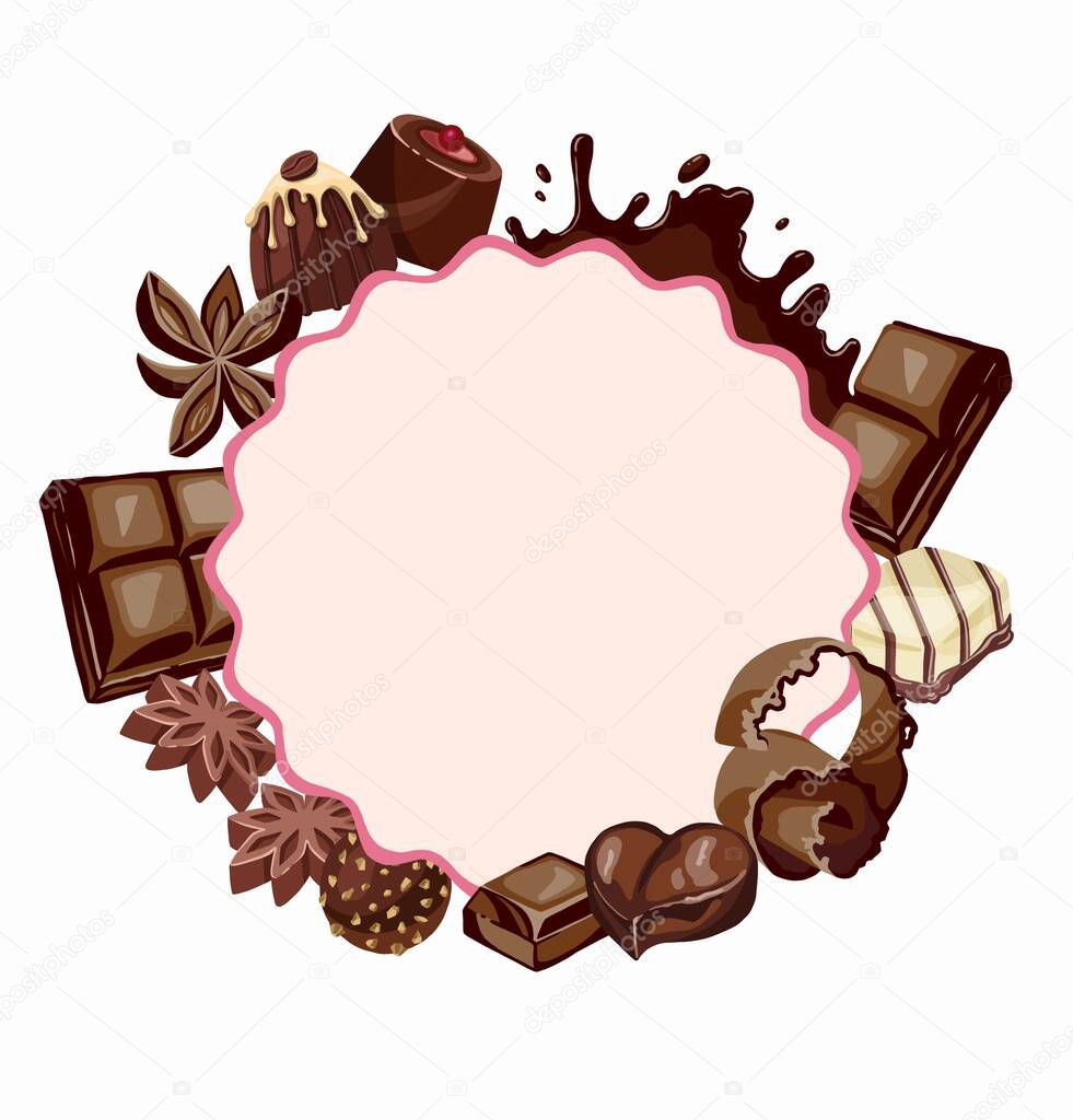 Round frame from a variety of chocolates, isolated on white background.