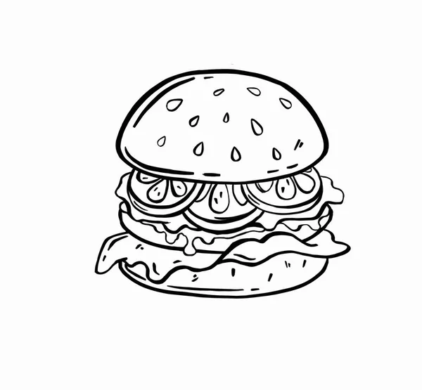 Illustrazione Bianco Nero Cheeseburger Cartone Animato Con Pomodori Cipolla Ketchup — Vettoriale Stock