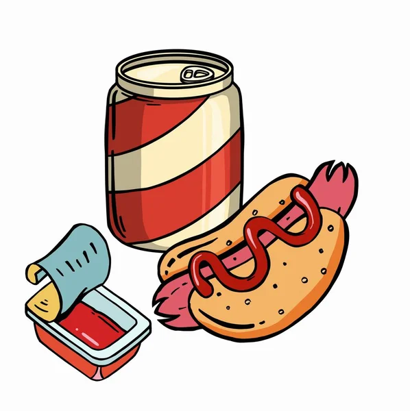 Hot Dog Mit Pommes Und Limo Tasse Niedliches Cartoon Farbiges — Stockvektor