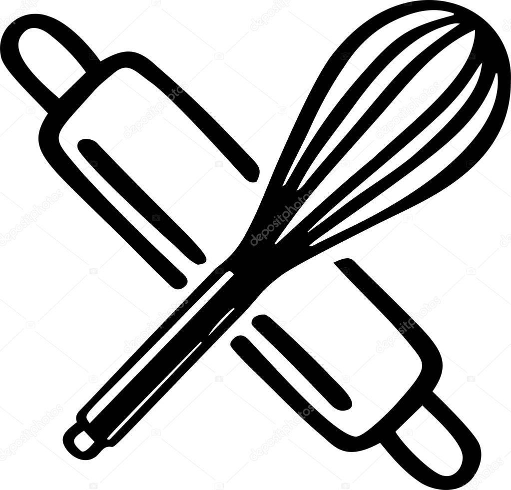 Icon depicting a Rolling pin and a whisk. Bakery products. line