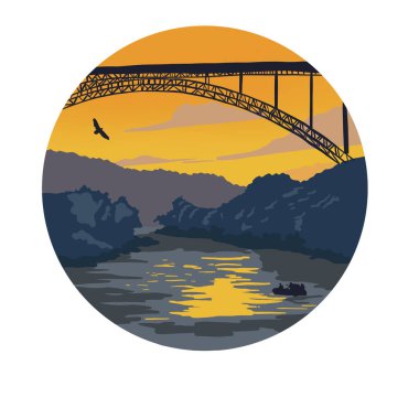 Manzara. Gün batımında köprü ve botta rafting yapan insanların silueti. Yüksek kaliteli el yazması çizimi. Yüksek kaliteli illüstrasyon