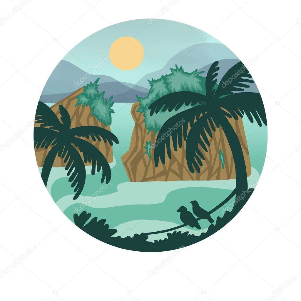 tropical landscape palms mountains ilustration. High quality illustration