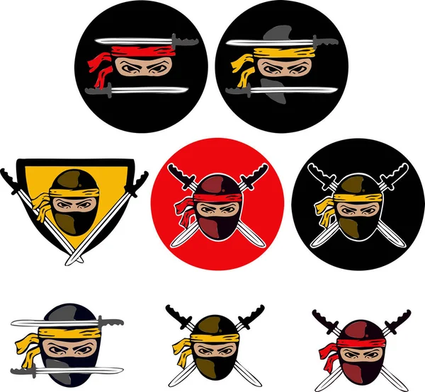 Rozet, logo ninjası, kılıç savaşı, suikastçı, sembol. Vektör