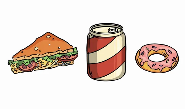 Refeições fast food conjunto coleta Vector. Banner coleção detalhada realista com cachorro-quente, hambúrguer, sanduíche — Vetor de Stock