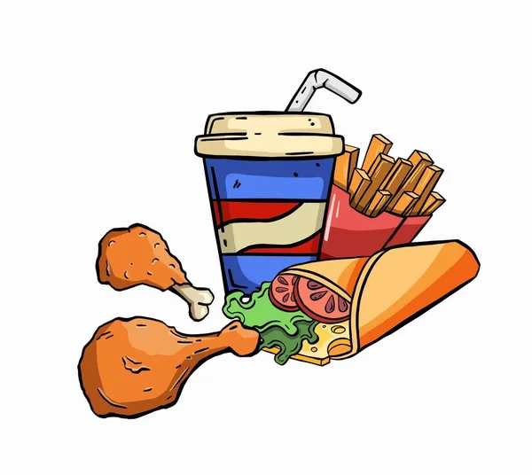 Ilustração do amanhecer da mão com menu de fast food. Bebidas, hambúrgueres e batatas fritas. Vetor isolado. — Vetor de Stock
