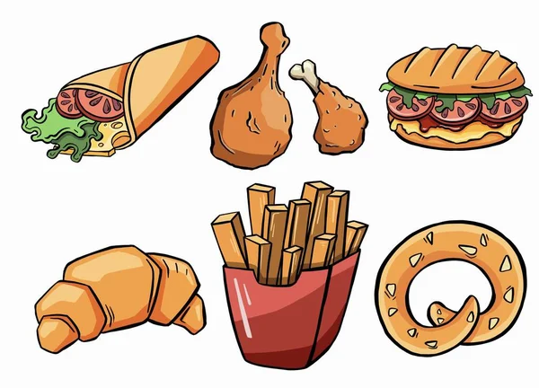 Cartoon nourriture de viande. Jambes de poulet frites, hamburger et steak grillé. Balise, hot-dogs et saucisses. Burrito, taco — Image vectorielle