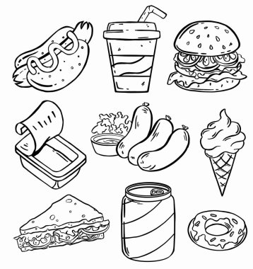 Hamburger, sosisli sandviç, hamburger, soda fincanı ve beyaz üzerine izole edilmiş dondurma..
