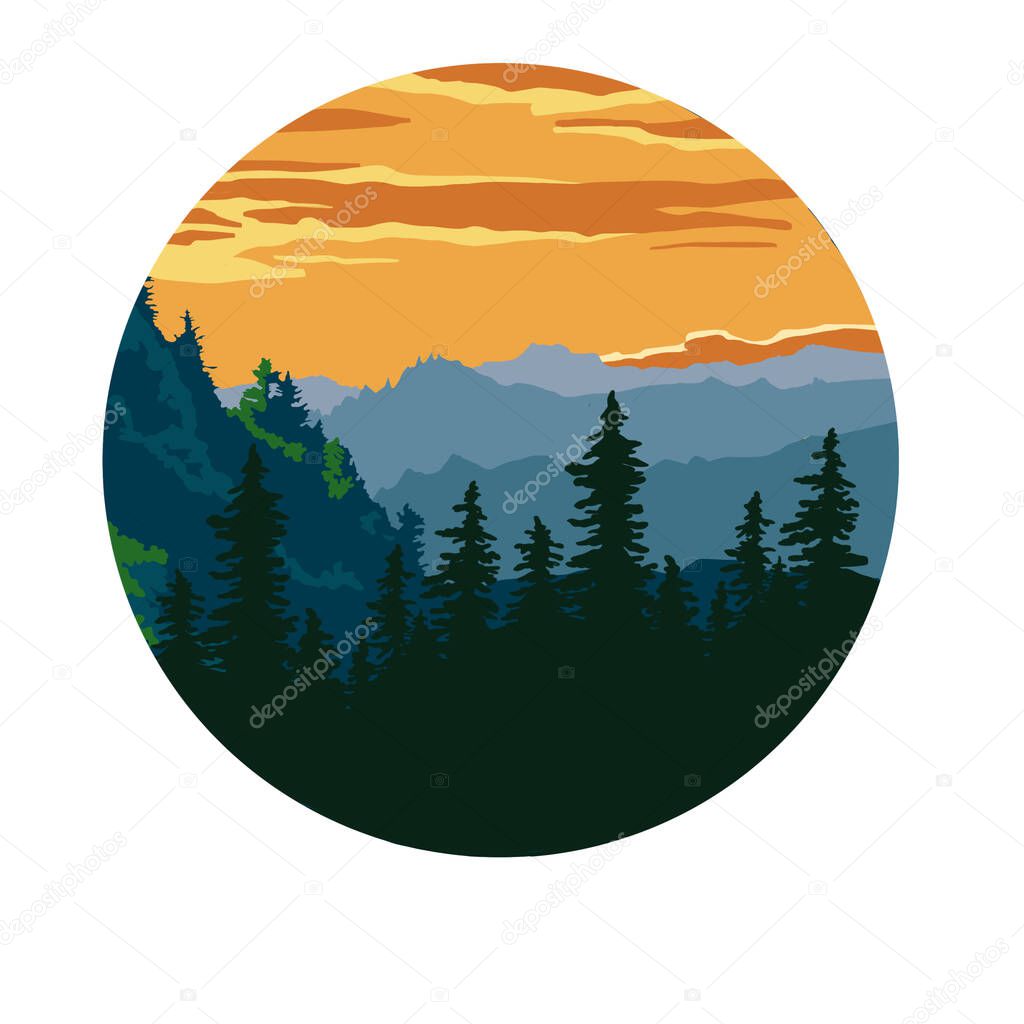 Green mountains in the fog. Seamless background circle. High quality illustration