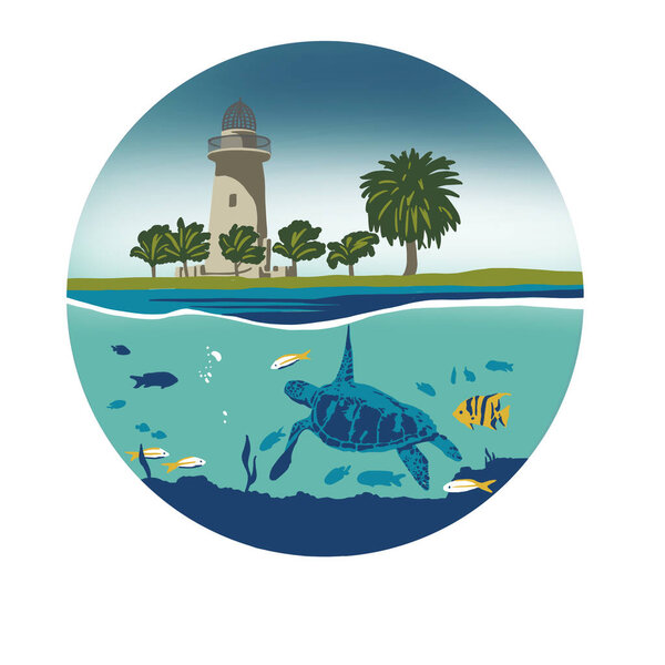 Подводные охотники акулы возле острова дневного света. Высокое качество иллюстрации