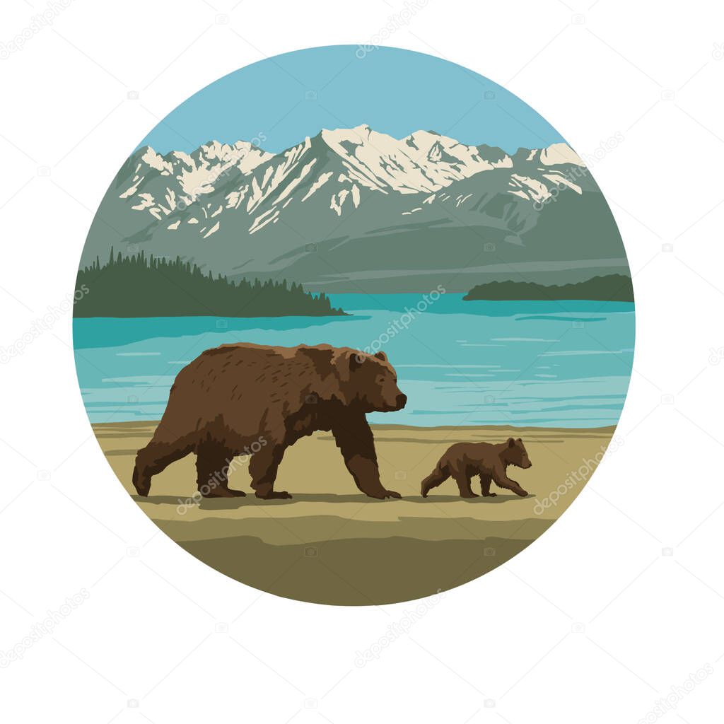Wild natural landscape with bears in the river. Alaska region. Hand drawn illustration converted. High quality illustration