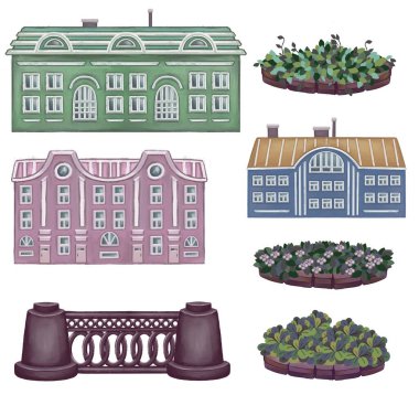 Beyaz arka planda renksiz çarpık çizgi film binaları, eğlenceli şehir manzarası sınırları ya da duvar kağıtları. Yüksek kaliteli illüstrasyon