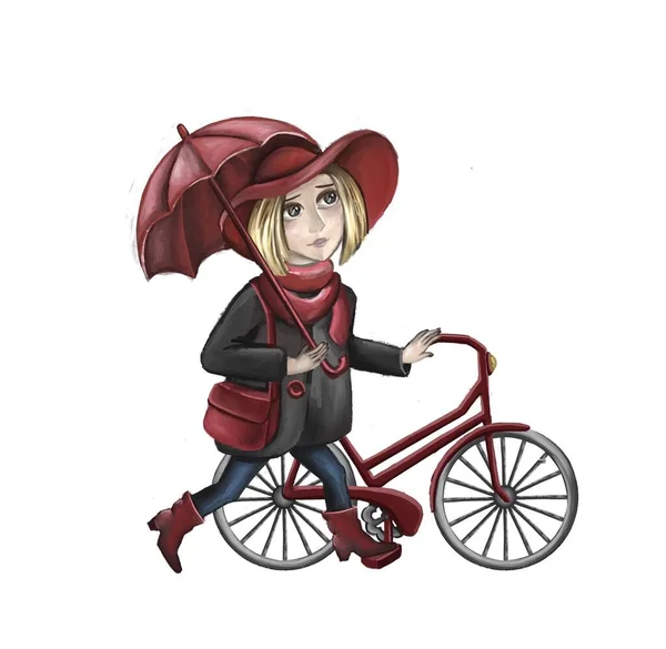 Illustration Cyclist Girl Bicycle Isolated Whrite High Quality Illustration — Stok fotoğraf