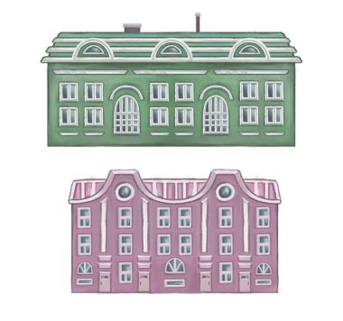 Public buildings set. Museum, hospital, library, bank building isolated on white background. Urban infrastructure. High quality illustration