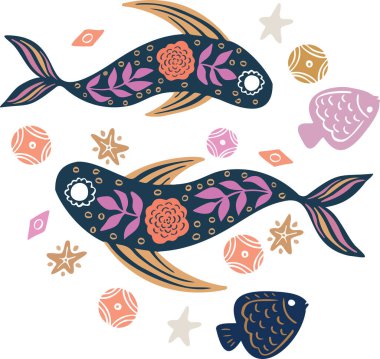 İşaret simgesi, komik balık denizi, el çizimi vektör illüstrasyonu