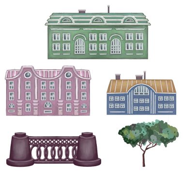 Pizza Kafe binasının düz stil ikon tasarımı. Eski kasaba tasarımı