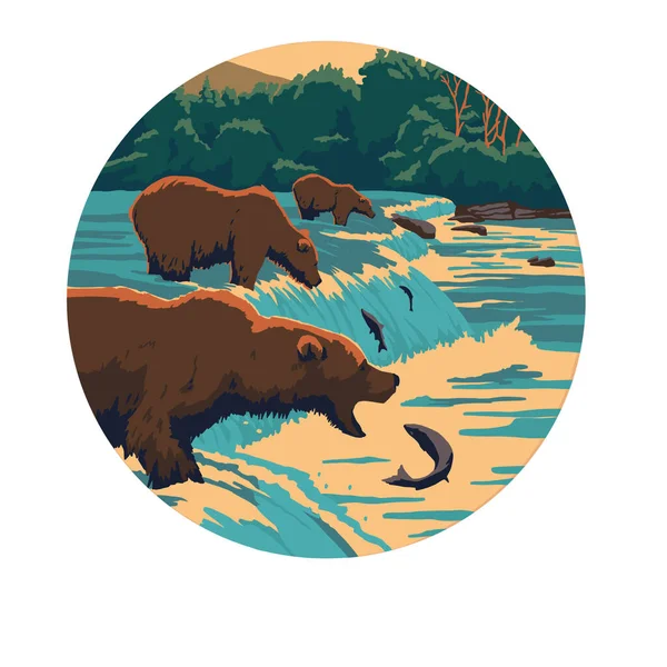 Badge bears spawning in water catch and eat fish landscape illustration — Stock Photo, Image