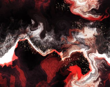 Koyu arkaplanda renkli kırmızı mermer mürekkep kağıtları. Kaotik soyut organik tasarım. Banyo bombası dalgaları. Yüksek kaliteli illüstrasyon