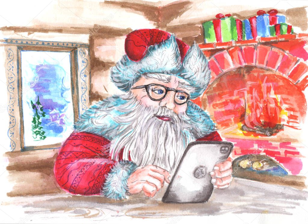 Santa Claus writes a letter on a tablet