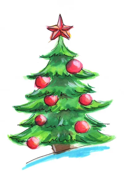 Süslü Noel ağacı suluboya