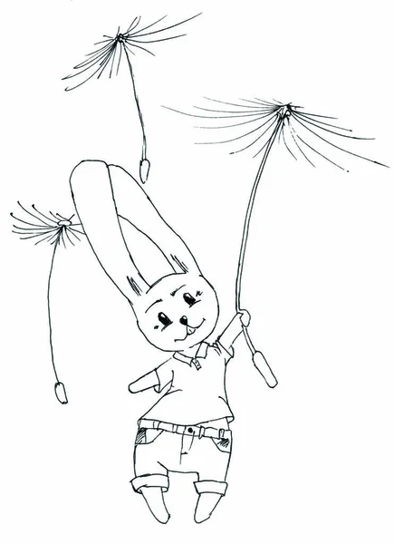 Bunny Flying Dandelion Coloring Page — Stock Photo, Image