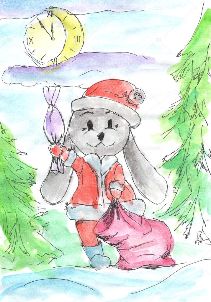 New year rabbit in the winter forest with a bag of gifts