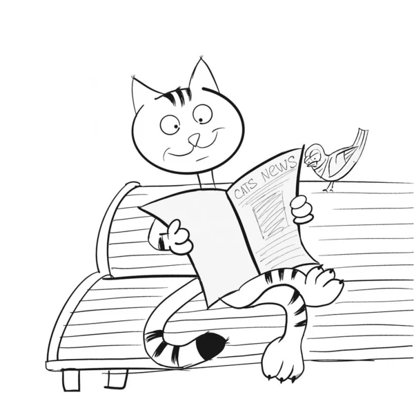 Kedi bankta güvercinle gazete okuyor. boyama kitabı