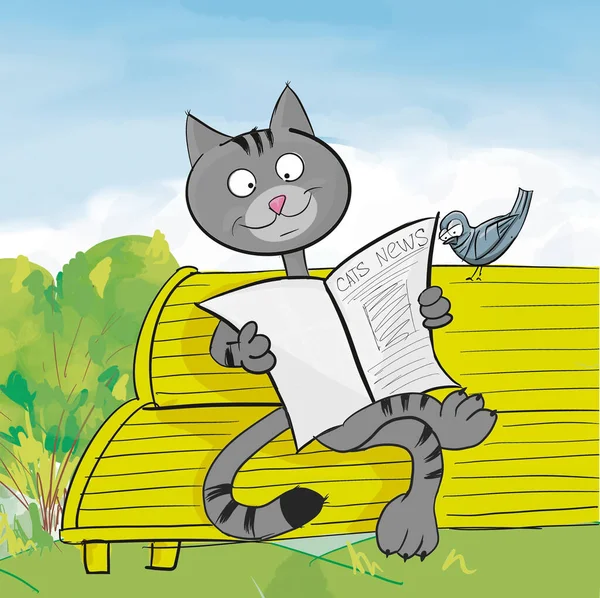 Gazete ve güvercinli gri kedi tablosu