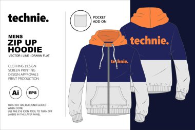 Moda tasarımı ve aksesuarları için Fermuarlı Kapüşonlu Vektör Düz Şablonu. Önden ve arkadan ekstra bir cep ilavesi ile