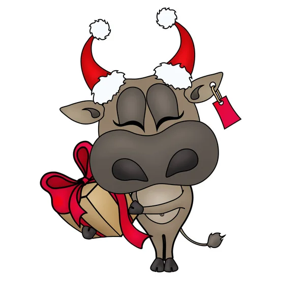 Cartoon bull with Santa hats on his horns and with christmas gift.