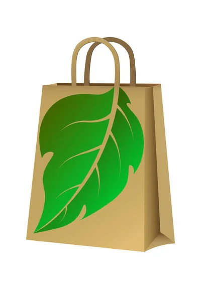 Shopping Bruine Papieren Zak Met Recycle Symbool Groen Blad Erop — Stockvector