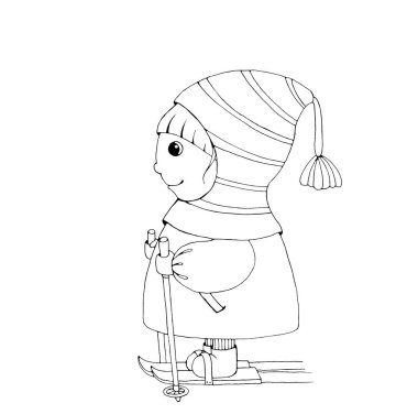 Kayak yapan kız. Beyaz arka planda siyah bir taslak. Çizgi film tarzı. Boyama sayfası. El çizimi illüstrasyon.