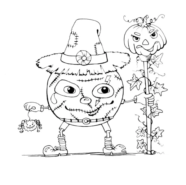 Espantalho Traje Halloween Com Abóbora Aranha Espantalho Monstro Bonito Halloween — Fotografia de Stock
