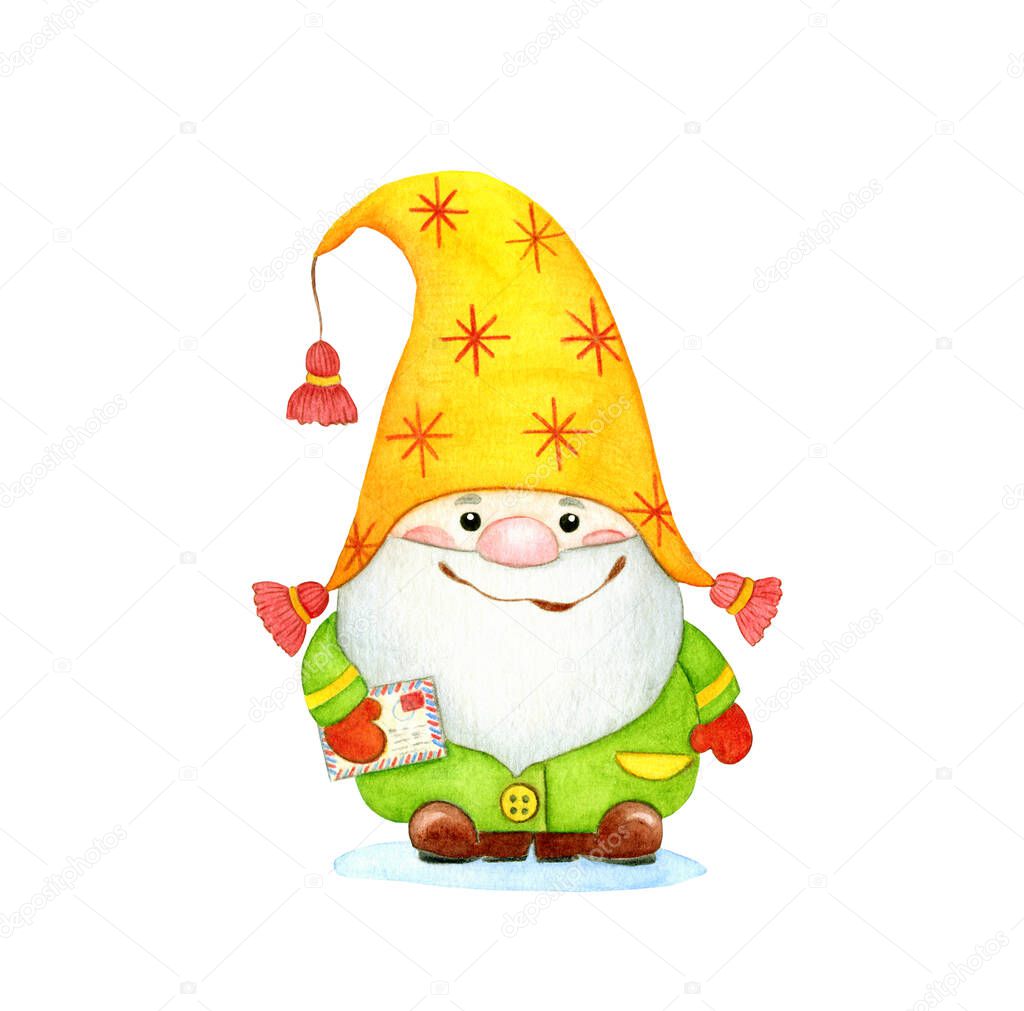 Cute Christmas gnome (dwarf) with a letter in a yellow hat. Cartoon watercolor painting illustration, isolated on a white background. Hand draw illustration.