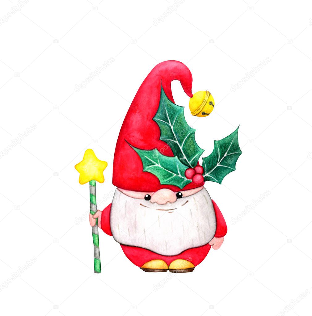 Christmas gnome (dwarf) with a sprig of Holly on his hat. Watercolor hand draw illustration, isolated on a white background. Christmas cartoon elf.