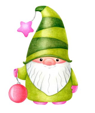Yeşil takım elbiseli şirin İskandinav cücesi ve Noel topu. Suluboya çizimi beyaz arkaplanda izole edildi.