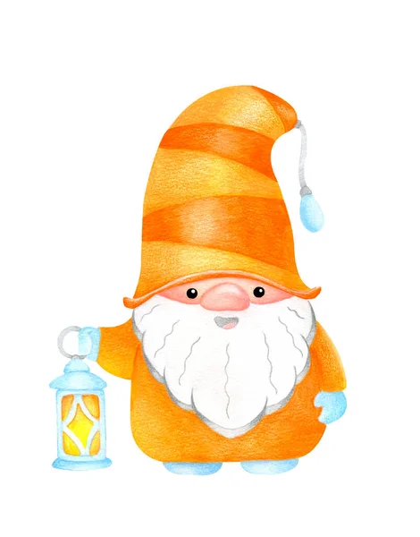 Netter Skandinavischer Gnom Orangefarbenen Anzug Mit Laterne Weihnachtscartoon Zwerg Aquarell — Stockfoto