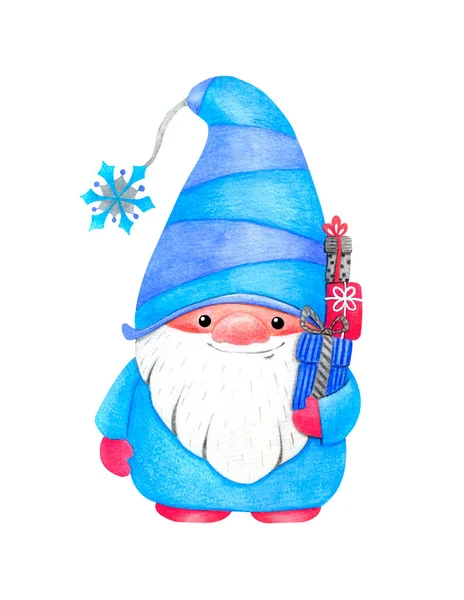 Gnome Escandinavo Bonito Terno Azul Com Presentes Ilustração Aquarela Isolada — Fotografia de Stock