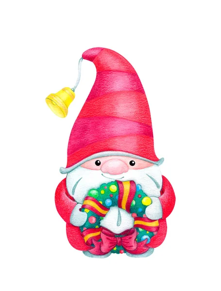 Gnome Escandinavo Bonito Terno Vermelho Com Uma Grinalda Natal Anão — Fotografia de Stock