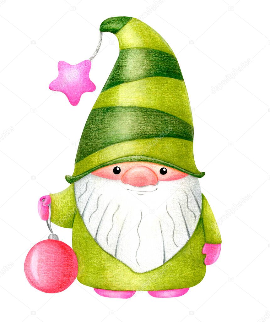 Cute scandinavian gnome in a green suit with a Christmas ball. Watercolor illustration isolated on white background.