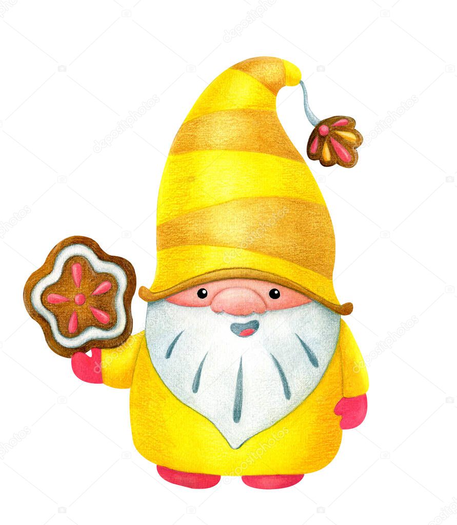 Cute scandinavian gnome in a yellow suit with gingerbread cookies. Watercolor illustration isolated on white background.