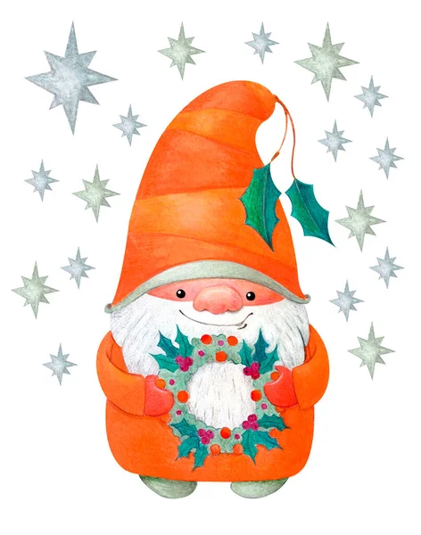 Turuncu takım elbiseli şirin bir cüce elinde Noel çelengi tutuyor. Yıldızlı beyaz bir arkaplanda suluboya çizimi. Çizgi film tarzında Yeni Yıl ve Noel karakteri.
