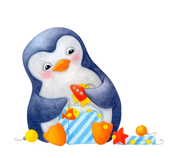 Noel süslemeleri ile sevimli penguenler oynuyor. Beyaz bir arkaplanda suluboya çizimi. Çizgi film biçimi.