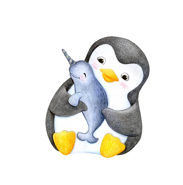 Ein Niedlicher Pinguin Hält Einen Spielzeug Narwal Den Pfoten Aquarellzeichnung — Stockfoto