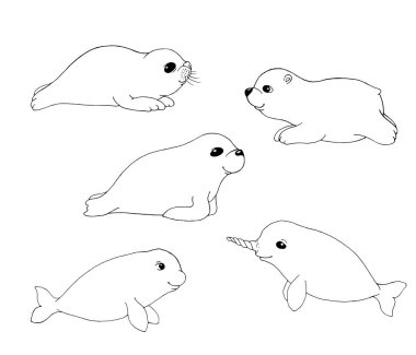 Kuzey Kutbu 'nun Hayvanları. Sevimli yavru hayvanlarla dolu: fok, kutup ayısı, mors, deniz gergedanı ve beluga balinası. Boyama sayfası. Çocuklar için illüstrasyon. Çizgi film karakterleri.